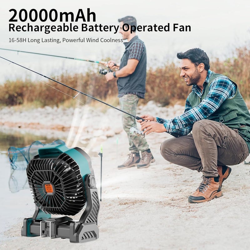 WESTTREE 20000mAh Battery powered fan Camping essentials,Rechargeable fan Portable Battery Operated Tent with Light & Hook X26A Cyan - Image 2